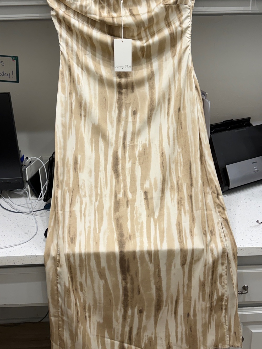 emory park Strapless Satin Dress in Cream and Brown Watercolor Print